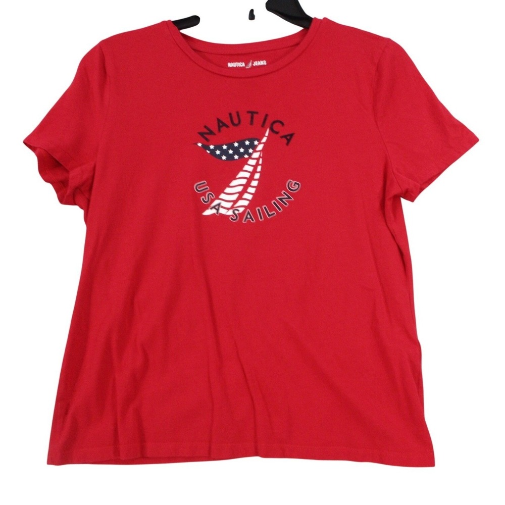 Nautica Jeans‎ Womens Red USA Sailing Graphic T-Shirt Short Sleeve Small